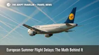 Airbus A320 with Lufthansa tail cuts through dense criss-cross contrails, showing European summer flight delays.