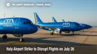 Row of ITA Airways jets sitting idle at Rome Fiumicino during nationwide Italy airport strike, illustrating expected flight delays.