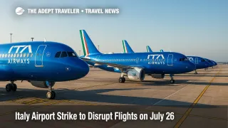 Row of ITA Airways jets sitting idle at Rome Fiumicino during nationwide Italy airport strike, illustrating expected flight delays.