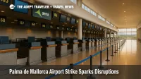 Wide-angle view of empty Palma de Mallorca Airport check-in hall during Spain airport strike.