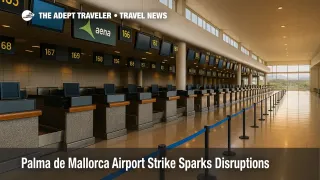 Wide-angle view of empty Palma de Mallorca Airport check-in hall during Spain airport strike.