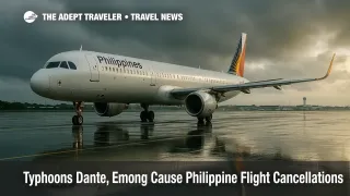 Grounded Philippine Airlines jet on rain-soaked Manila runway during Typhoon Dante and Emong flight cancellations.
