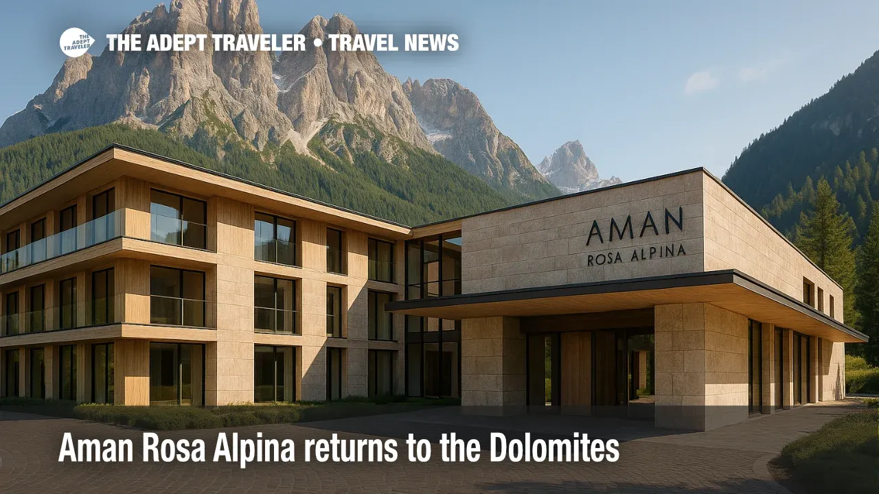 Aman Rosa Alpina's minimalist stone-and-glass exterior sits beneath soaring Dolomite peaks on a clear summer day.