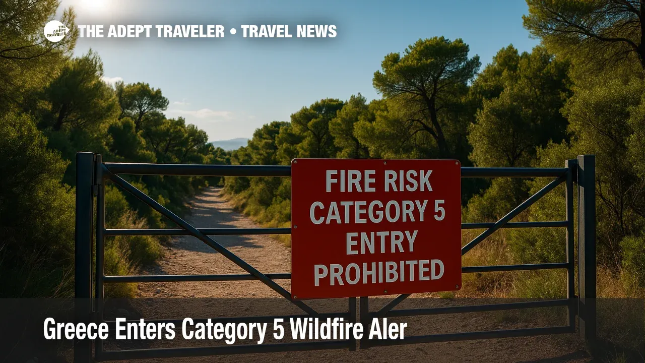 Closed forest gate on Mount Hymettus warns travelers of Greece’s Category 5 extreme wildfire risk, illustrating travel alert.