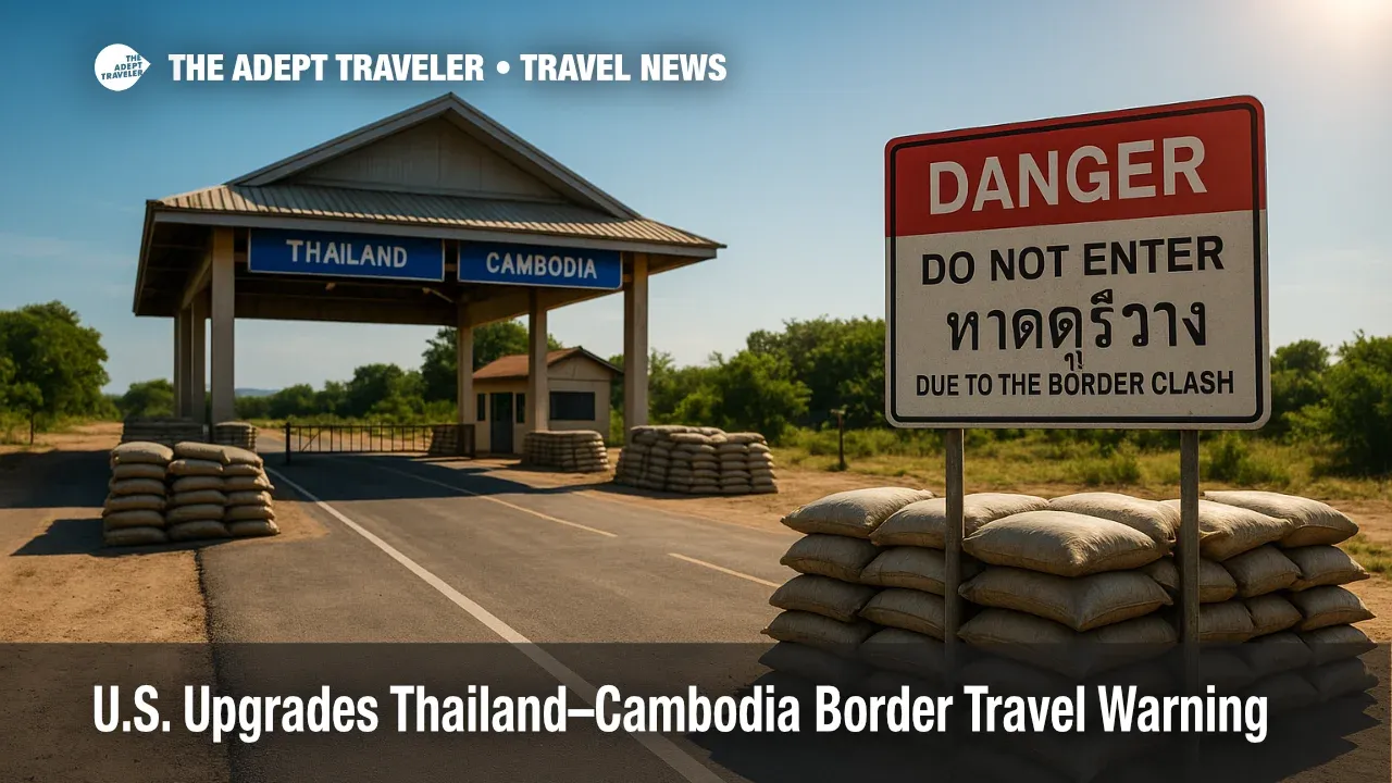 Empty Thai-Cambodian border checkpoint with sandbags and warning sign highlights Thailand-Cambodia border travel advisory amid escalating clashes.
