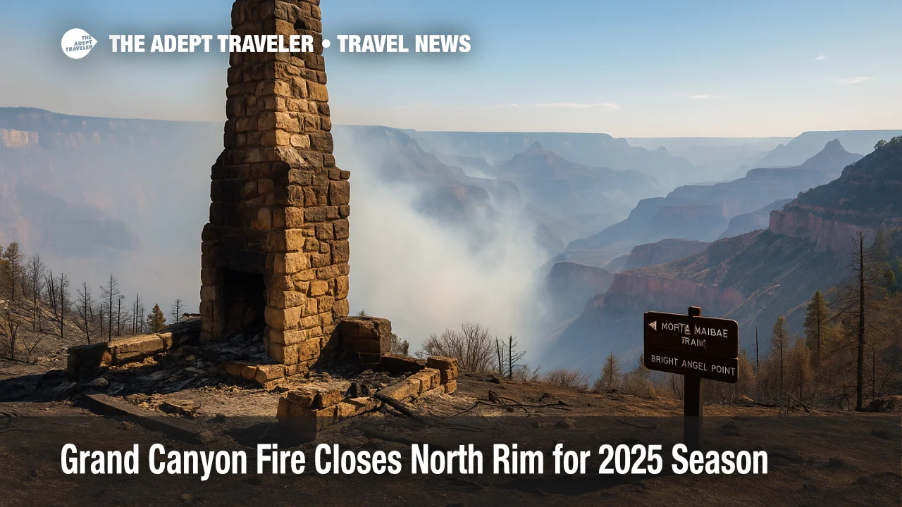 Charred chimney of Grand Canyon Lodge rises above smoke-shrouded canyon, illustrating Grand Canyon fire recovery efforts.