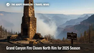 Charred chimney of Grand Canyon Lodge rises above smoke-shrouded canyon, illustrating Grand Canyon fire recovery efforts.