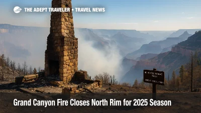 Charred chimney of Grand Canyon Lodge rises above smoke-shrouded canyon, illustrating Grand Canyon fire recovery efforts.