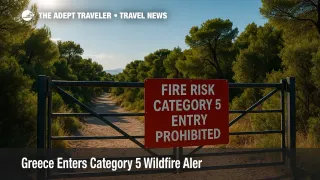 Closed forest gate on Mount Hymettus warns travelers of Greece’s Category 5 extreme wildfire risk, illustrating travel alert.