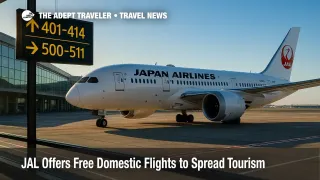 Japan Airlines 787 at Haneda highlighting complimentary domestic flights promotion.