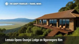 Sunlit view of Lemala Osonjoi Lodge perched above Ngorongoro Crater, Tanzania, during a luxury safari stay.