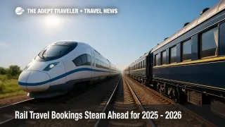 A sleek bullet train and a classic luxury sleeper pass each other, symbolizing booming rail travel demand worldwide.