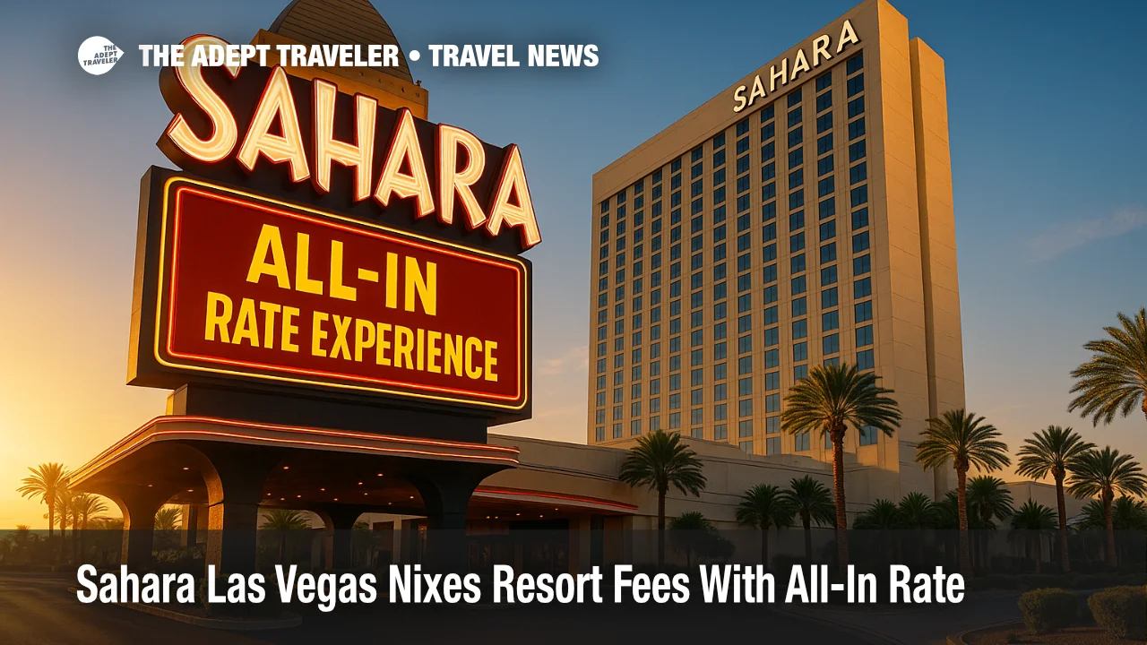 Night view of Sahara Las Vegas marquee promoting its resort-fee-free All-In Rate Experience package.