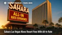 Night view of Sahara Las Vegas marquee promoting its resort-fee-free All-In Rate Experience package.