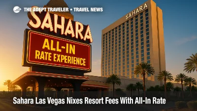 Night view of Sahara Las Vegas marquee promoting its resort-fee-free All-In Rate Experience package.