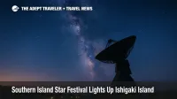 VERA radio telescope under Milky Way at Ishigaki's Southern Island Star Festival, showcasing pristine Okinawa stargazing skies.