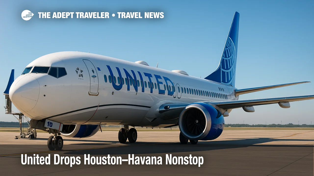 United Airlines Boeing 737 MAX 9 sits idle at a Houston gate under clear skies after the Houston-Havana nonstop suspension.