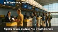 Travelers display health-insurance certificates at Buenos Aires' Ezeiza check-in desks after Argentina's new entry rule.
