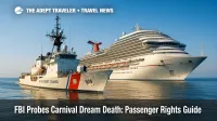 U.S. Coast Guard cutter floats alongside Carnival Dream in the Gulf of Mexico during a death investigation cruise delay.