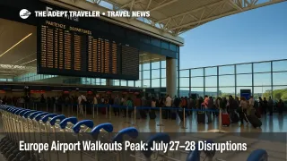 Passengers queue under delay screens during Europe airport strikes, illustrating July 27-28 walkout impact and EU 261 rights.