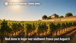 Sun-drenched Saint-Émilion vineyard bakes under a cloudless sky during the southwest France heat dome, symbolizing travel amid intense heat.