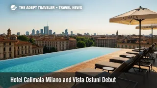 Rooftop infinity pool at Hotel Calimala Milano frames Porta Venezia skyline during the hotel's soft launch.