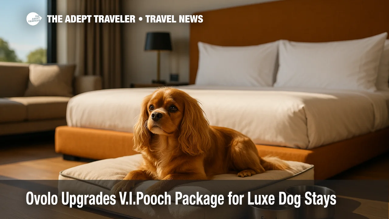 Dog rests on Ovolo V.I.Pooch bed beside Frank Green bowls in stylish pet-friendly hotel room.