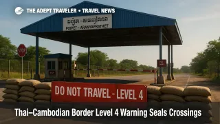A deserted Poipet checkpoint with sandbags and warning signs highlights the Level 4 Thai–Cambodian border clashes travel advisory.