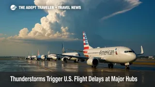 Towering thunderstorm clouds build over taxiing aircraft at a major U.S. airport, illustrating nationwide flight delays.