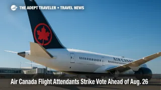 Air Canada 787 tail at Toronto gate under clear sky, hinting at potential Air Canada flight attendants strike.