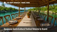 Communal tasting table at Xcaret set for Apapaxoa GastroCultural Festival, highlighting Riviera Maya food culture.