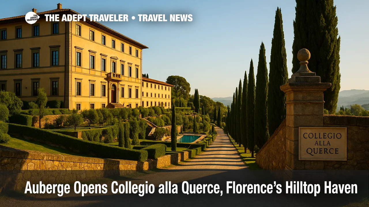 An aerial three-quarter view of Collegio alla Querce's terraced gardens and pool showcases the new Florence luxury hotel.