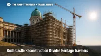 Wide-angle view of Buda Castle reconstruction scaffolding and cranes, illustrating the National Hauszmann Program for heritage travelers.