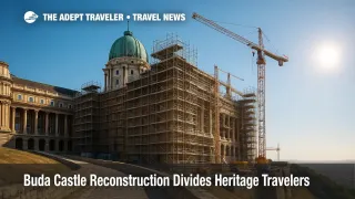Wide-angle view of Buda Castle reconstruction scaffolding and cranes, illustrating the National Hauszmann Program for heritage travelers.