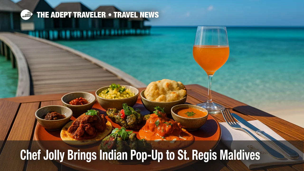Vibrant Indian tasting platter at St. Regis Maldives villa deck, illustrating Chef Jolly pop-up dining experience.