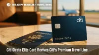 The Citi Strata Elite credit card beside a passport in an airport lounge, illustrating premium travel benefits.