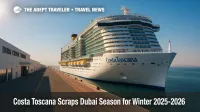 Costa Toscana docked at Dubai Cruise Terminal on a clear day, illustrating the cancelled Dubai cruise season for Costa Toscana.