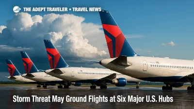 Storm clouds brew over Delta tail fins at Atlanta airport, signaling possible ground stops and flight delays today.