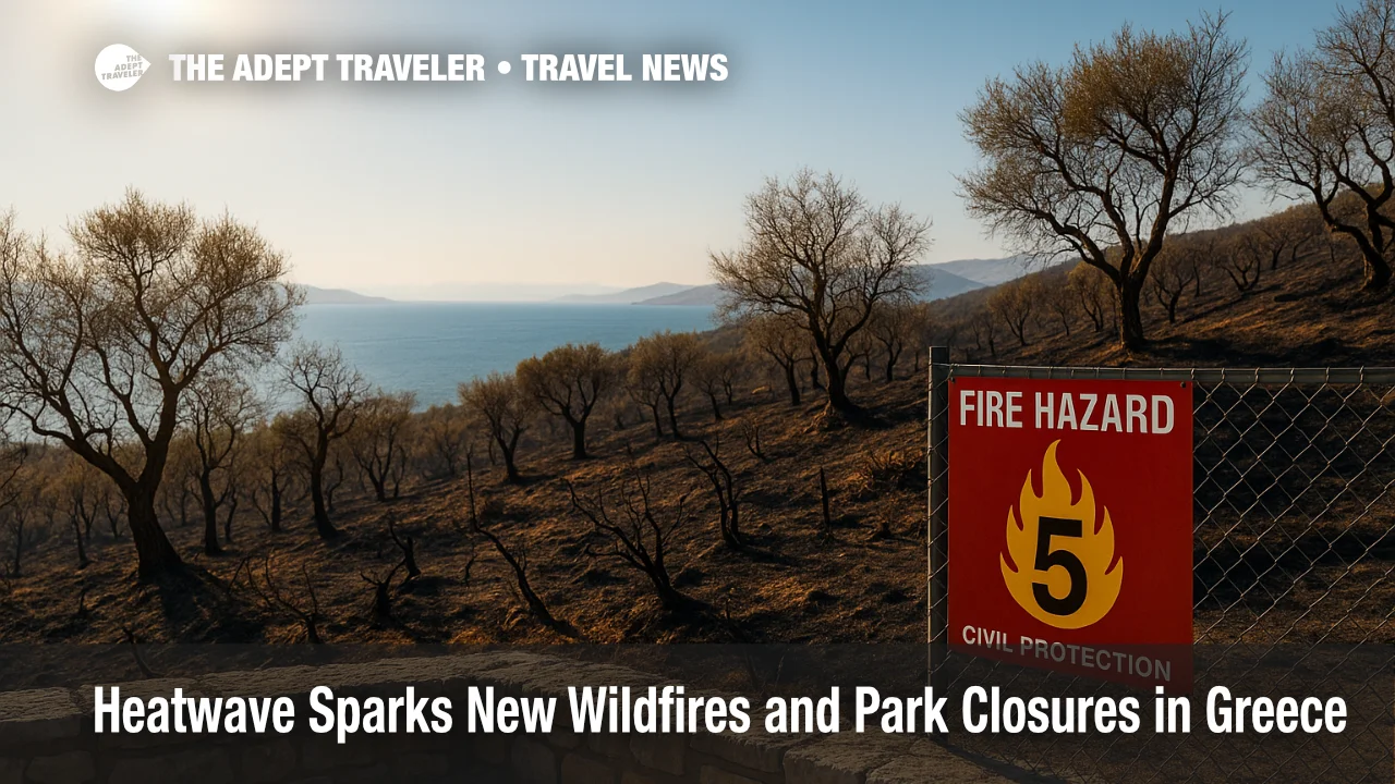 Charred hillside above Athens with "Fire Hazard 5" sign under heat-haze sky illustrates Greece wildfires travel impact.