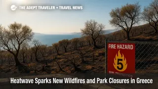Charred hillside above Athens with "Fire Hazard 5" sign under heat-haze sky illustrates Greece wildfires travel impact.