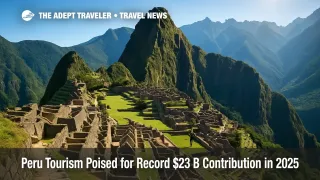 Panoramic Machu Picchu terraces under bright sun illustrate Peru tourism growth 2025, framed by verdant peaks.