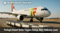 Baggage carts sit idle beside a TAP jet at Lisbon Airport during Portugal airport strike, illustrating ground-handling delays.