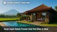 Private pool villa at Tanah Gajah with rice-paddy and Mount Agung backdrop showcases Premier Club Pool Villa luxury in Ubud.