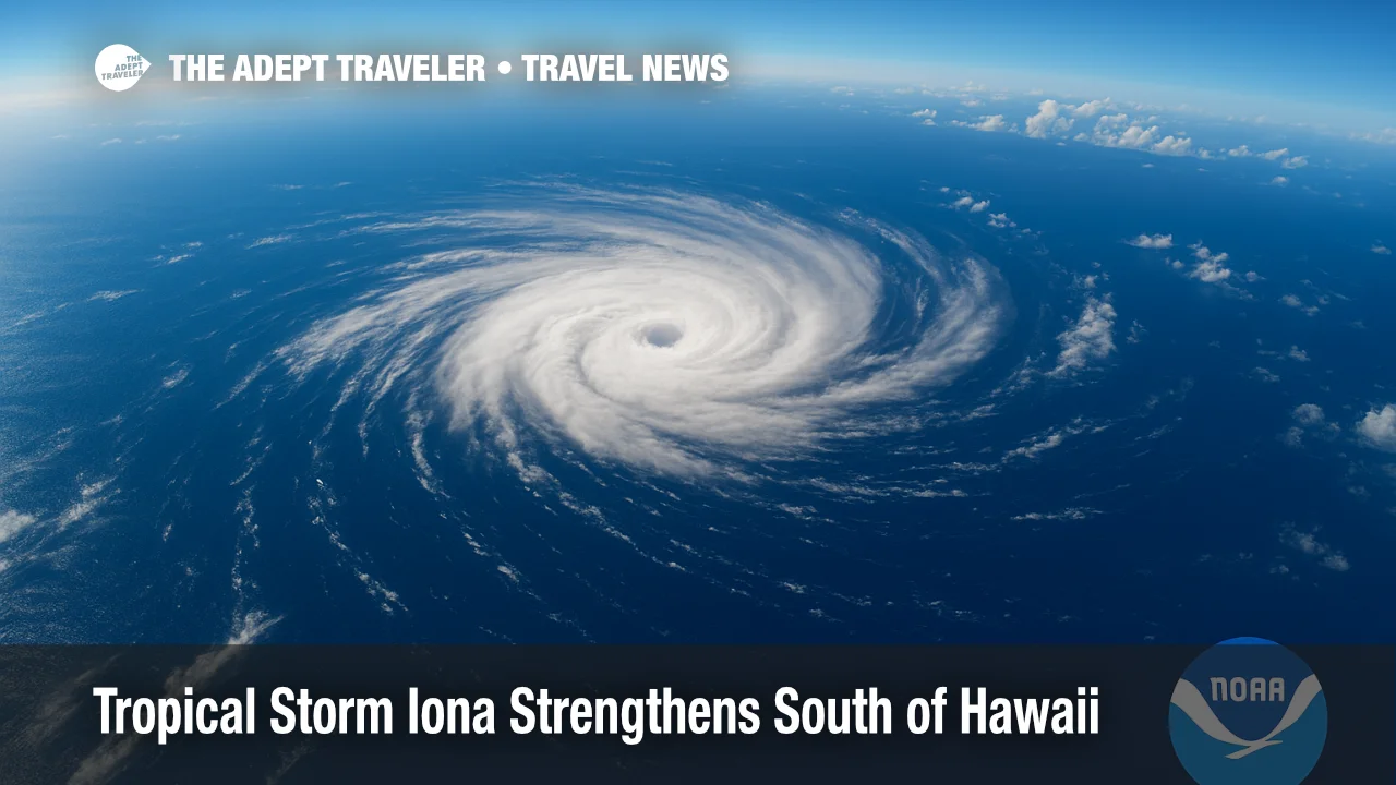 Satellite view of Tropical Storm Iona swirling over central Pacific, showing developing hurricane structure.