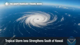 Satellite view of Tropical Storm Iona swirling over central Pacific, showing developing hurricane structure.
