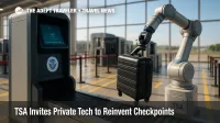 Robotic baggage scanner under bright lights at an airport security checkpoint illustrates TSA automation.