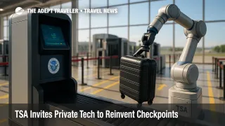 Robotic baggage scanner under bright lights at an airport security checkpoint illustrates TSA automation.