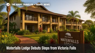 Front view of Waterfalls Lodge Victoria Falls framed by tropical gardens under bright Zimbabwean sunshine.