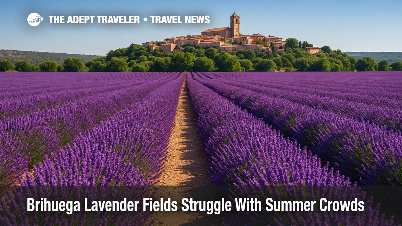 Rows of vibrant lavender in Brihuega glimmer under summer sun, illustrating overtourism at the famous Spanish fields.