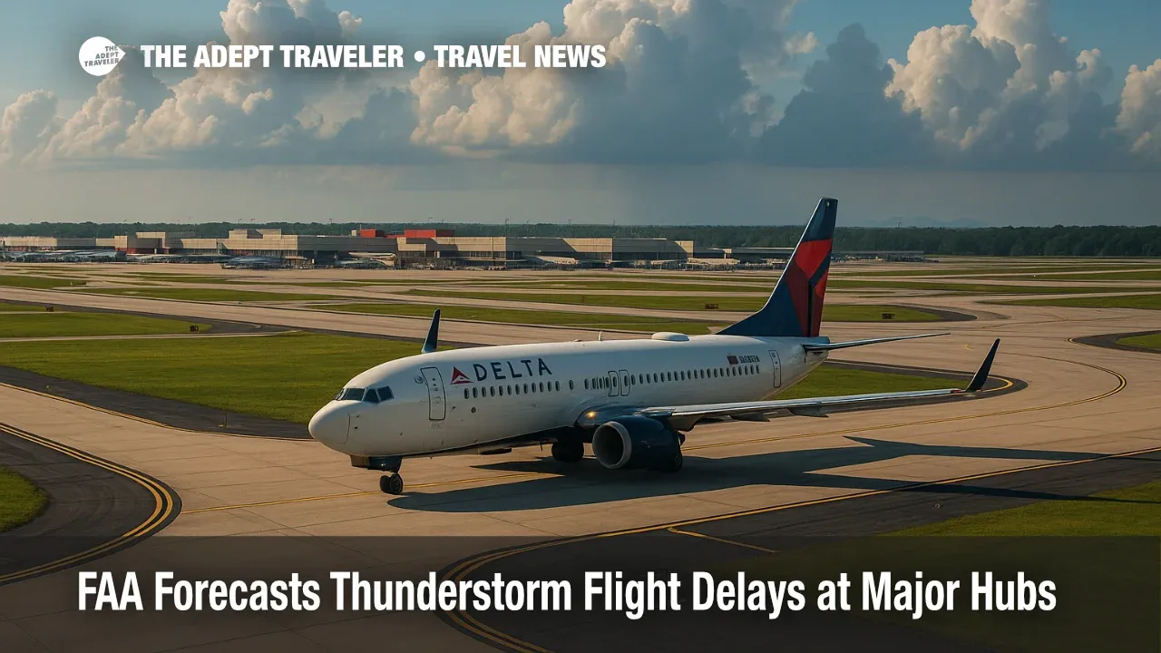 A Delta jet taxis at Atlanta’s runway as distant storm clouds signal an FAA flight delay forecast.